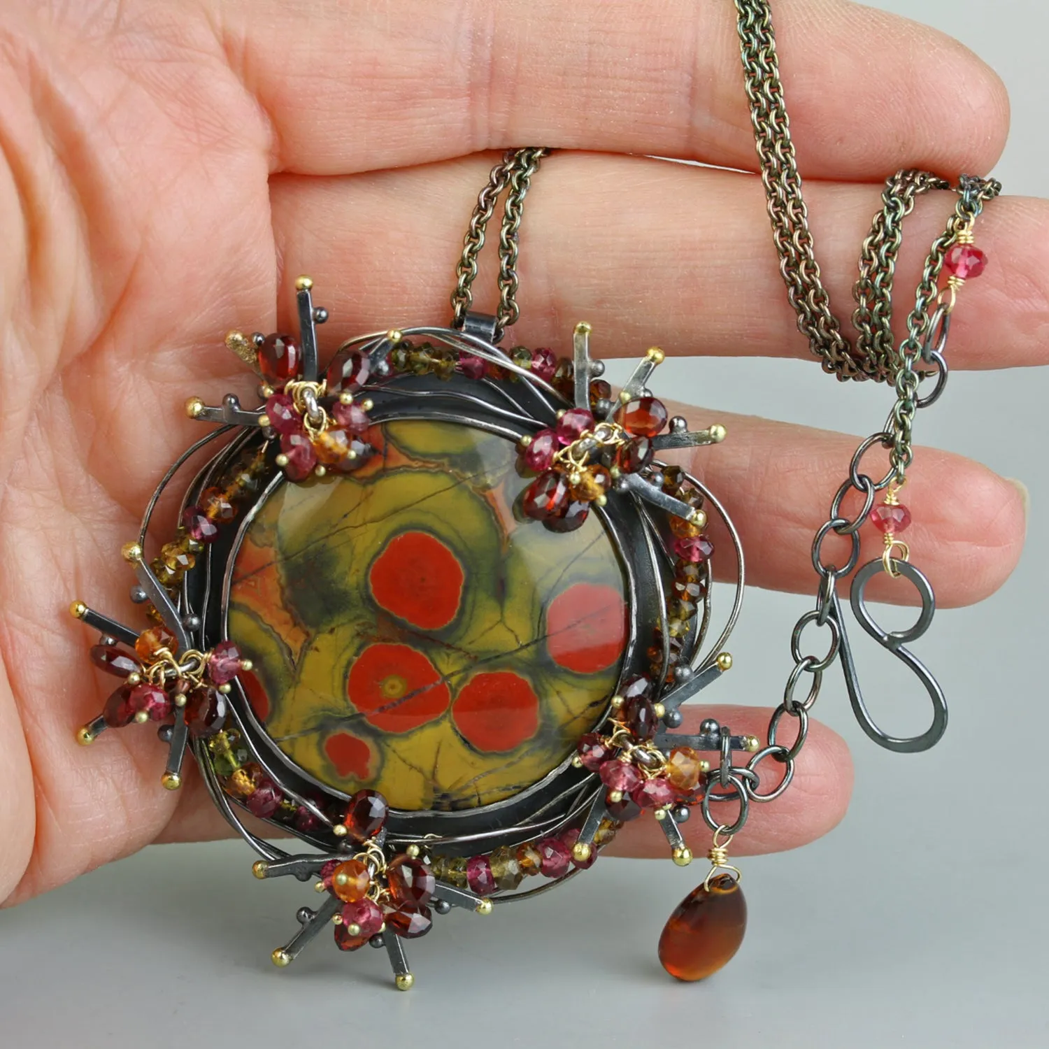 SOLD  Poppy Jasper Bramble Pendant with Woven Garnets and Tourmaline