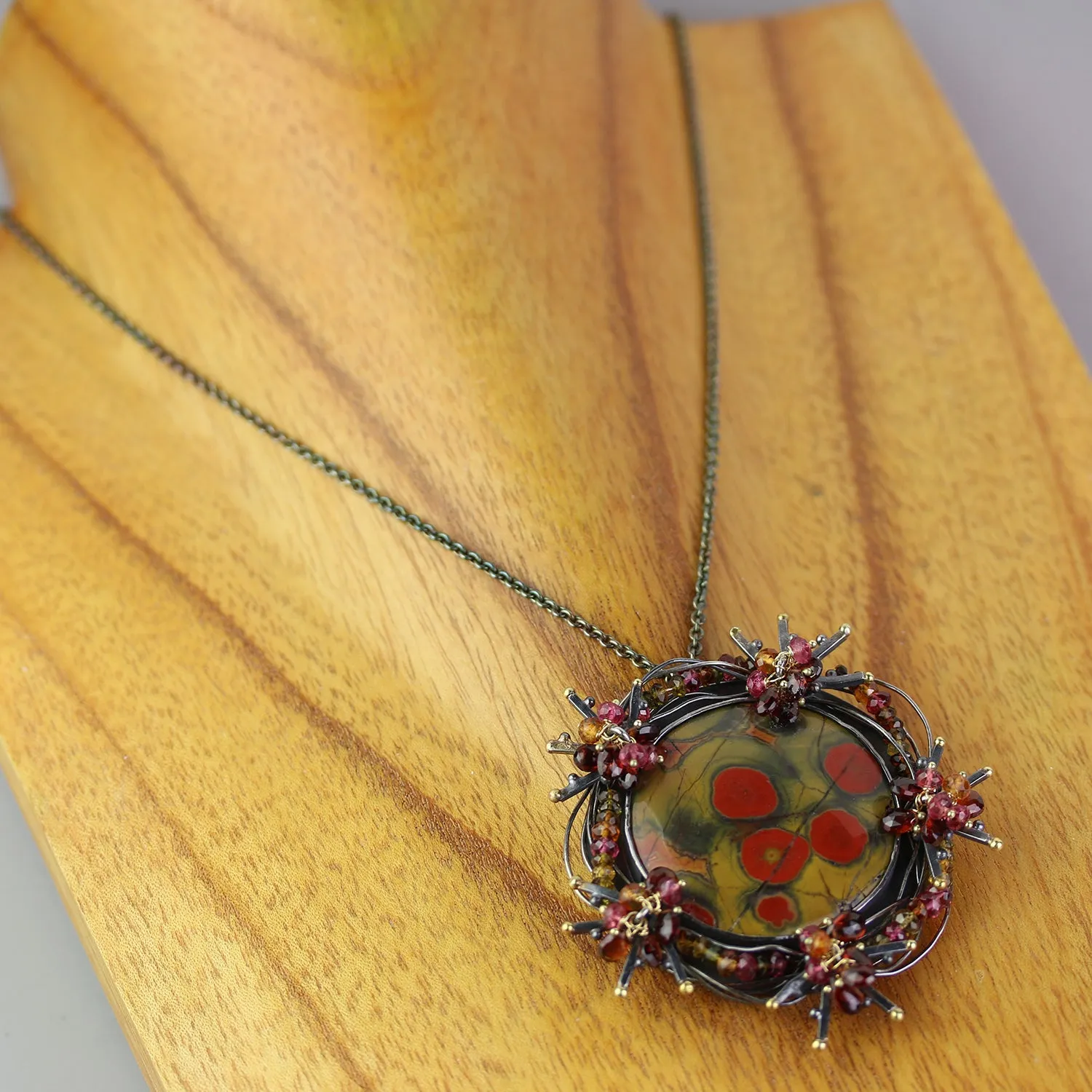 SOLD  Poppy Jasper Bramble Pendant with Woven Garnets and Tourmaline