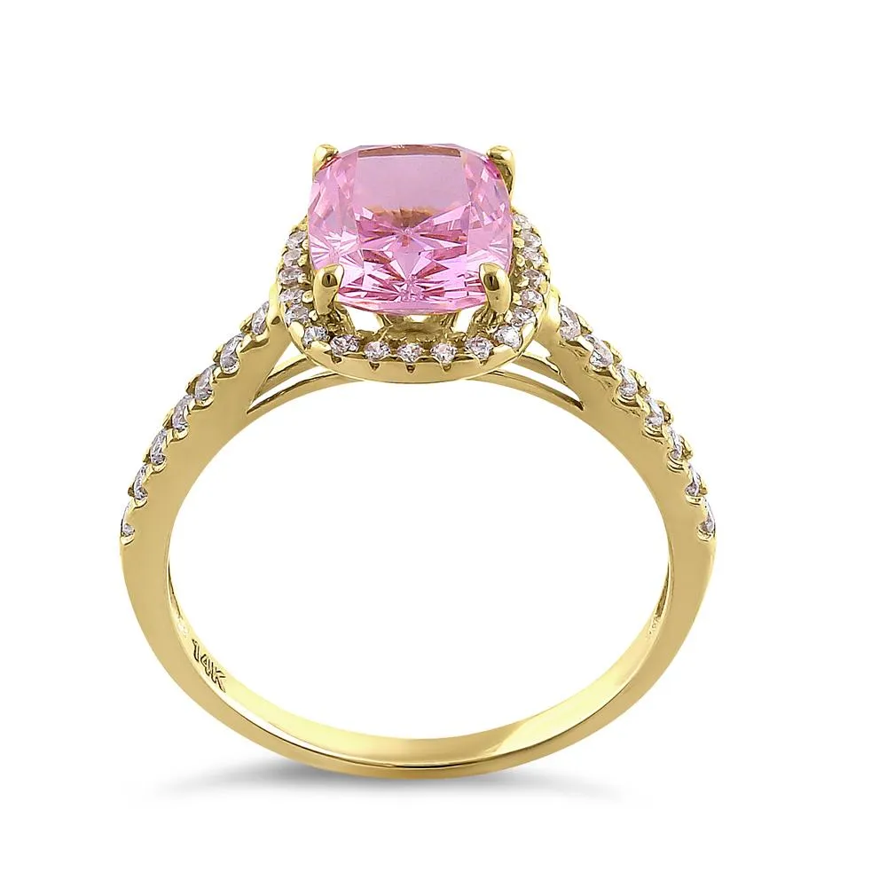 Solid 14K Yellow Gold Cushion Cut Halo Pink CZ Engagement Ring