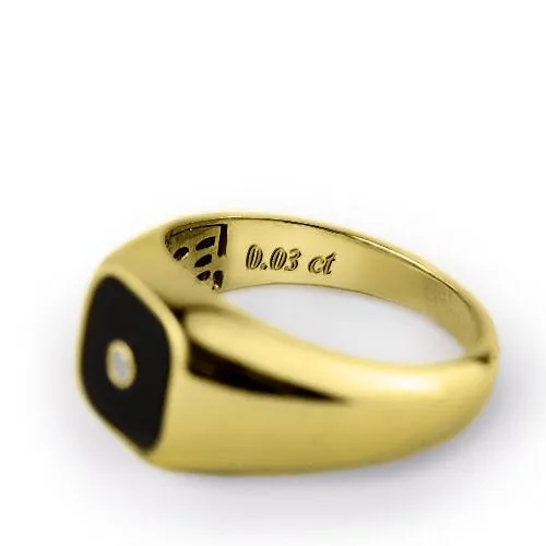 Solid 14K Yellow Gold Men's Classic Ring With Black Onyx And Genuine Diamond