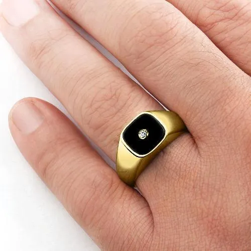 Solid 14K Yellow Gold Men's Classic Ring With Black Onyx And Genuine Diamond