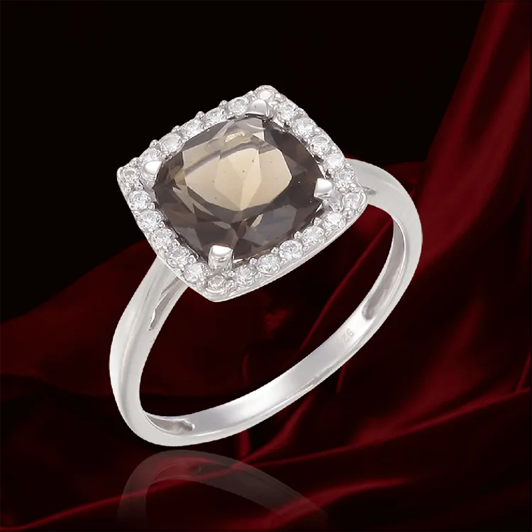Sophisticated Luscious Natural Smoky Quartz Ring with Halo