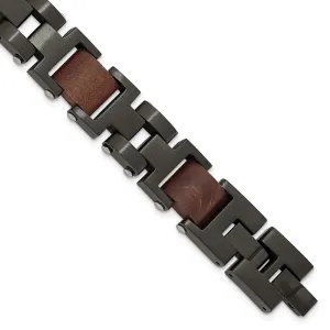 Stainless Steel Brushed Black IP-plated with Wood w/.5in ext. 8in Bracelet