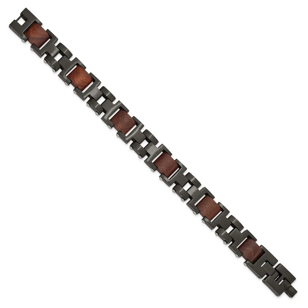 Stainless Steel Brushed Black IP-plated with Wood w/.5in ext. 8in Bracelet