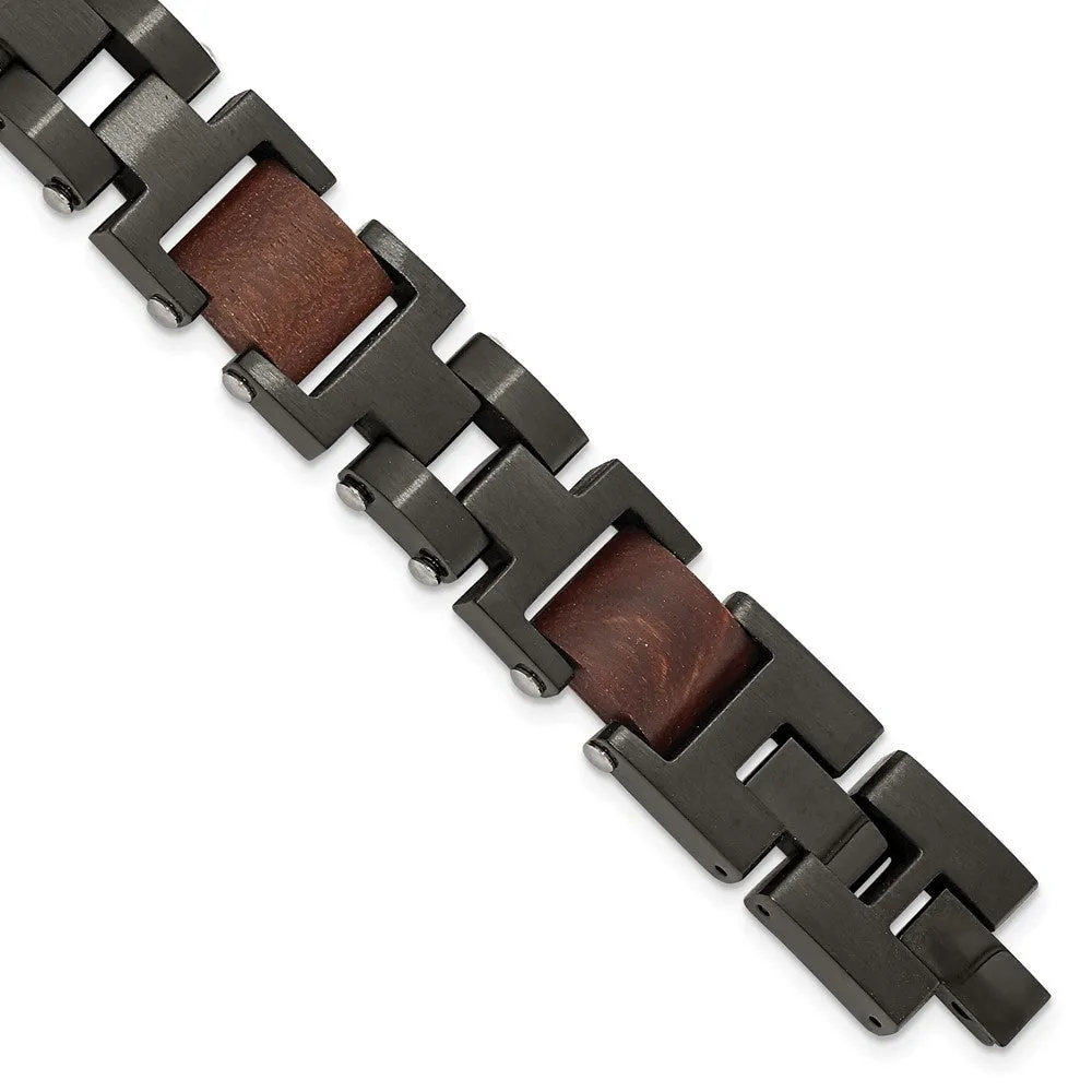 Stainless Steel Brushed Black IP-plated with Wood w/.5in ext. 8in Bracelet