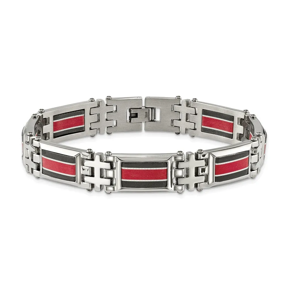 Stainless Steel Polished Black Carbon Fiber/Red Fiber Glass Inlay Bracelet