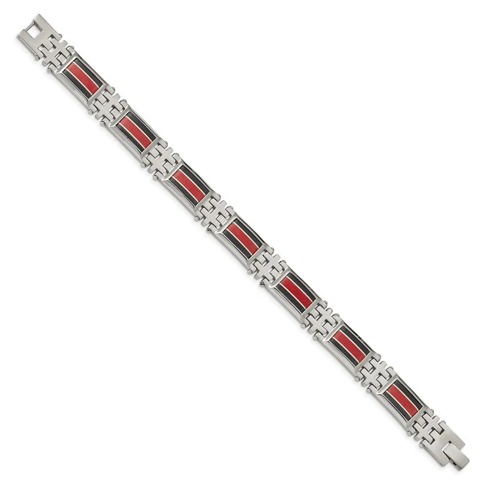 Stainless Steel Polished Black Carbon Fiber/Red Fiber Glass Inlay Bracelet