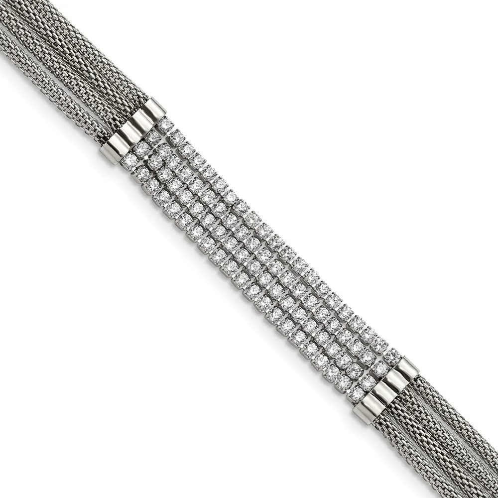 Stainless Steel Polished w/CZ Multi Strand w/2.75in ext Choker Necklace