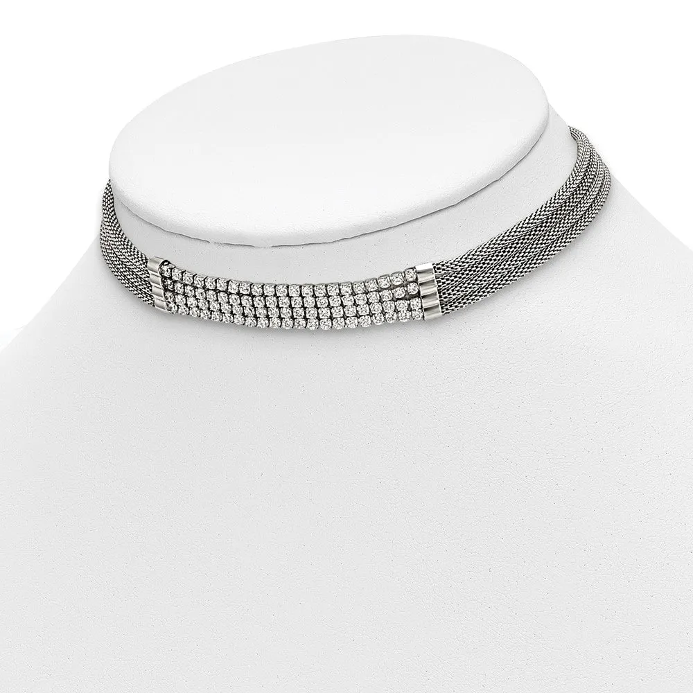 Stainless Steel Polished w/CZ Multi Strand w/2.75in ext Choker Necklace