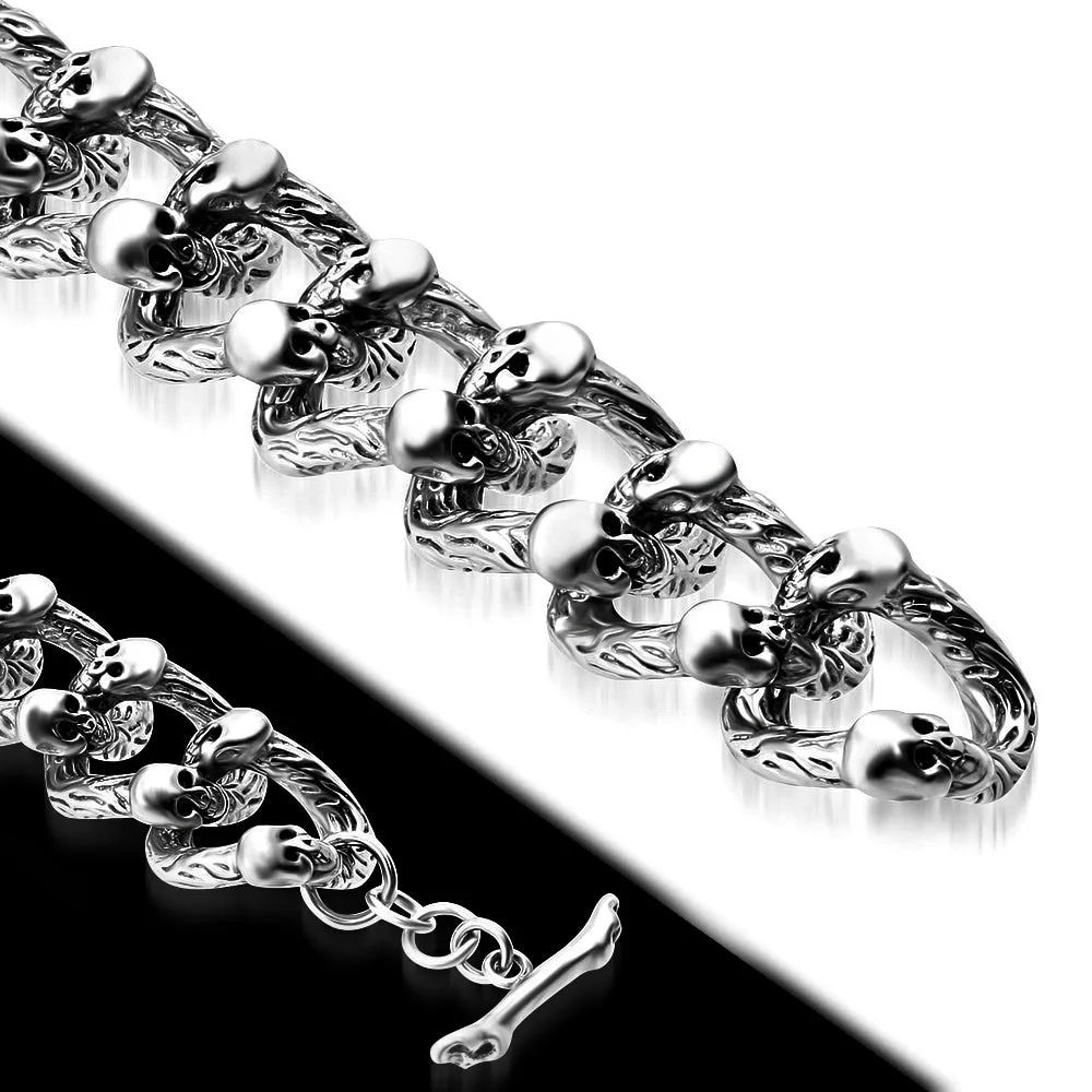 Stainless Steel Silver-Tone Double Skull Link Chain Bracelet