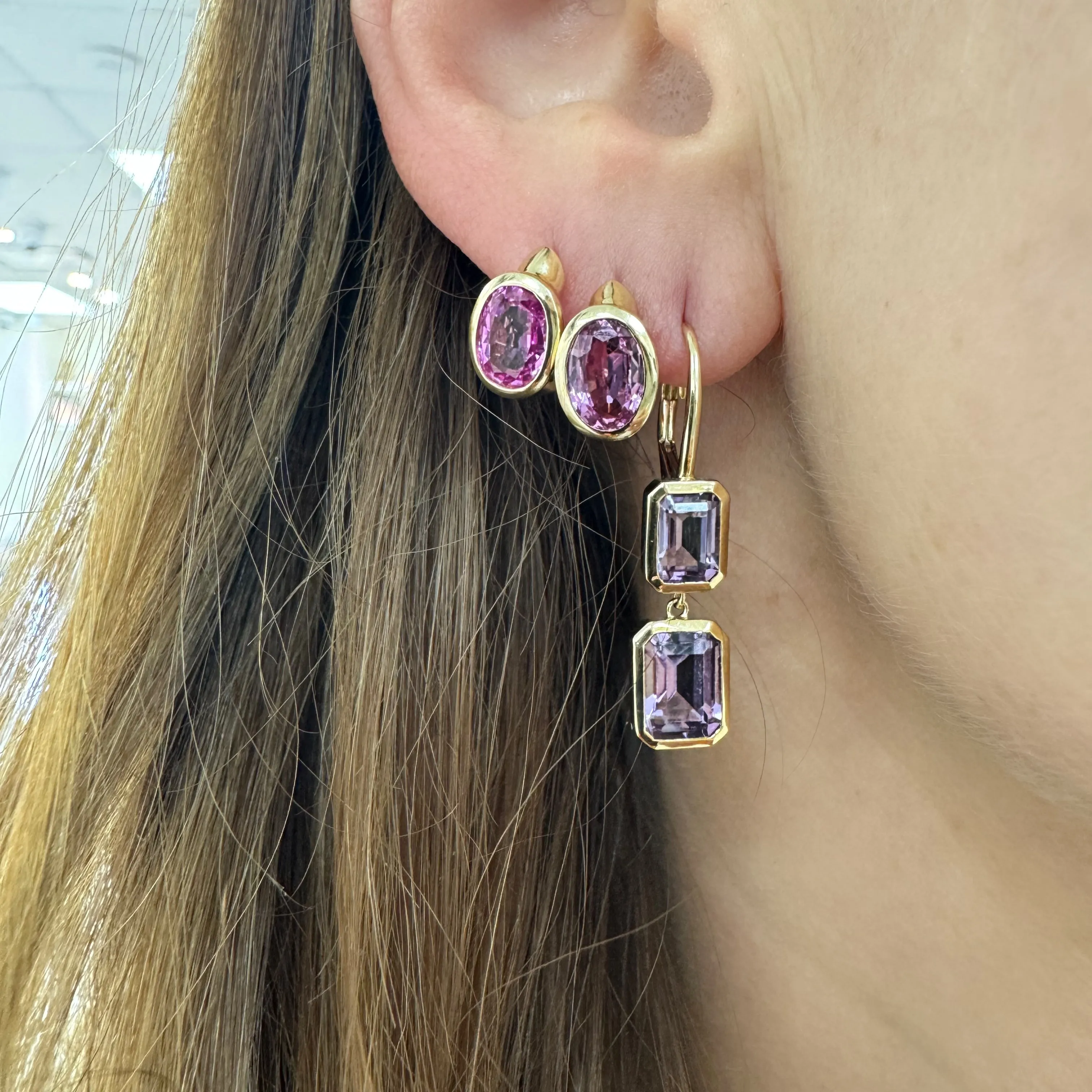 Statement Oval Pink Sapphire Huggie Hoop Earrings