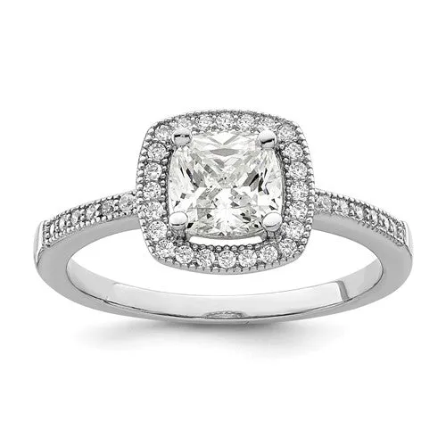 Sterling Silver CZ Brilliant Embers Cushion Cut Halo Ring