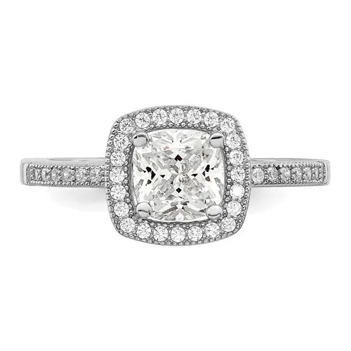 Sterling Silver CZ Brilliant Embers Cushion Cut Halo Ring