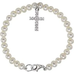 Sterling Silver Freshwater Pearl & Cubic Zirconia Cross 5.5" Bracelet