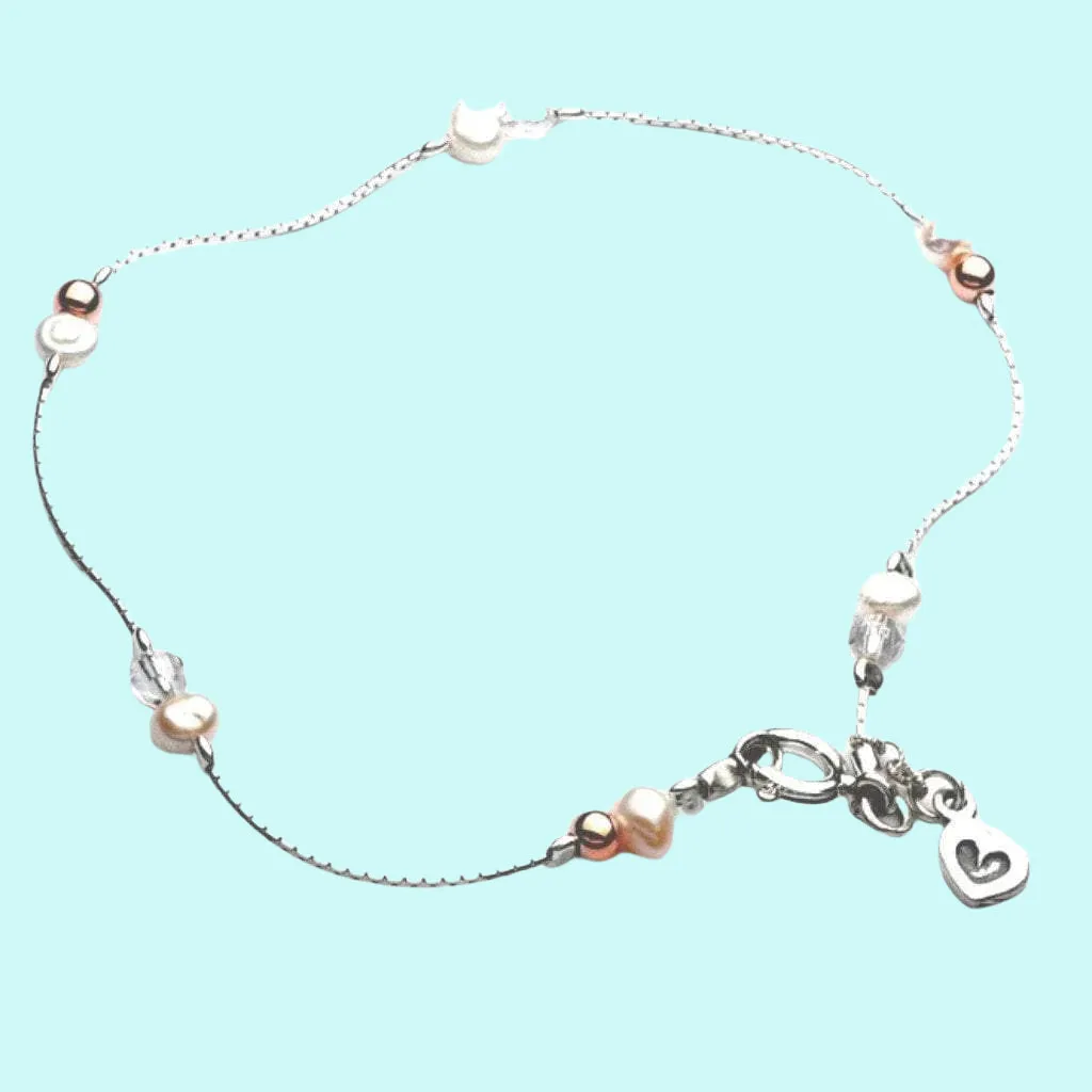 Sterling Silver Heart Charm Pearl Anklet