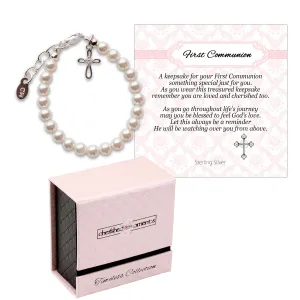 Sterling Silver High-End Austrian Simulated Pearl Cross Bracelet First Communion Gift for Girls