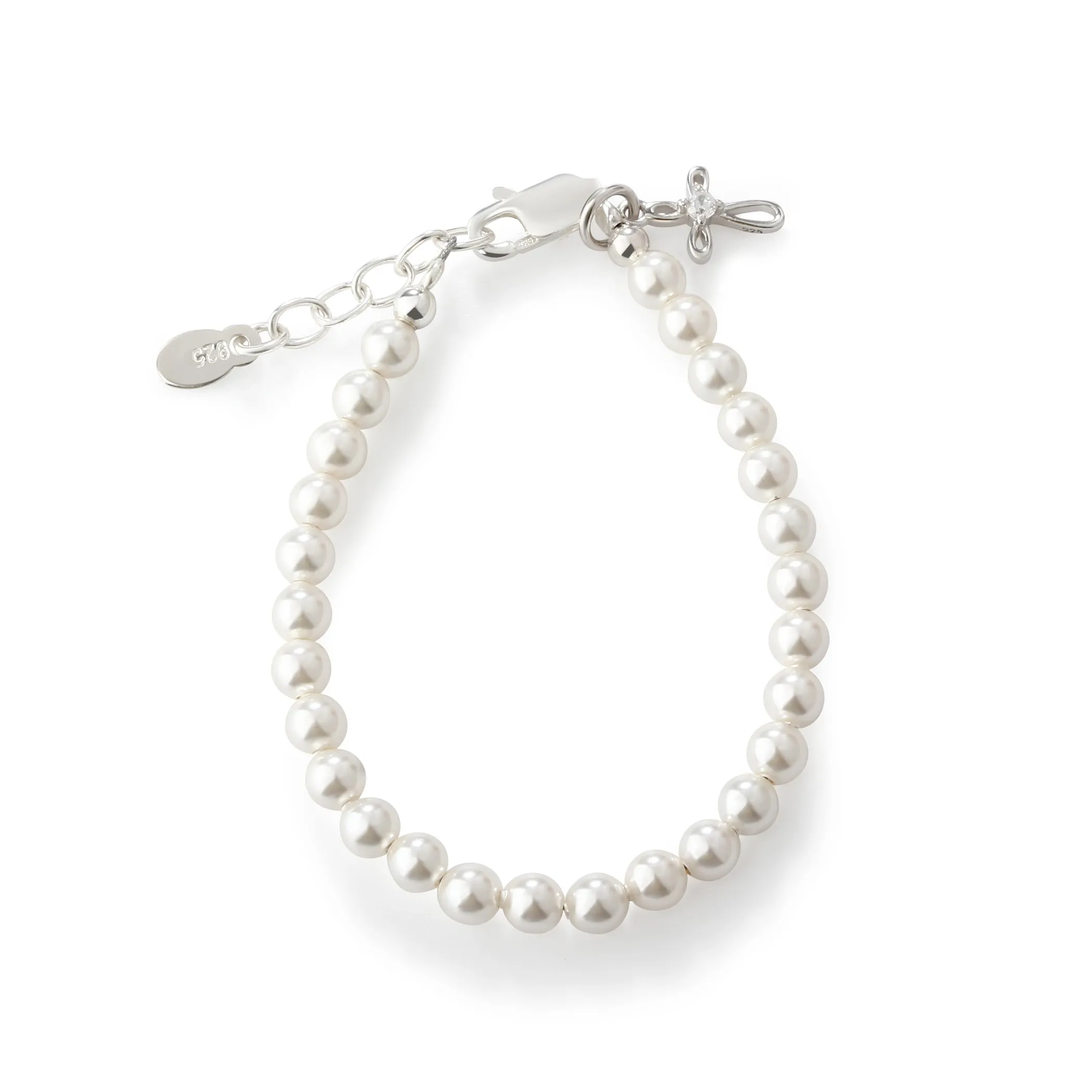 Sterling Silver High-End Austrian Simulated Pearl Cross Bracelet First Communion Gift for Girls