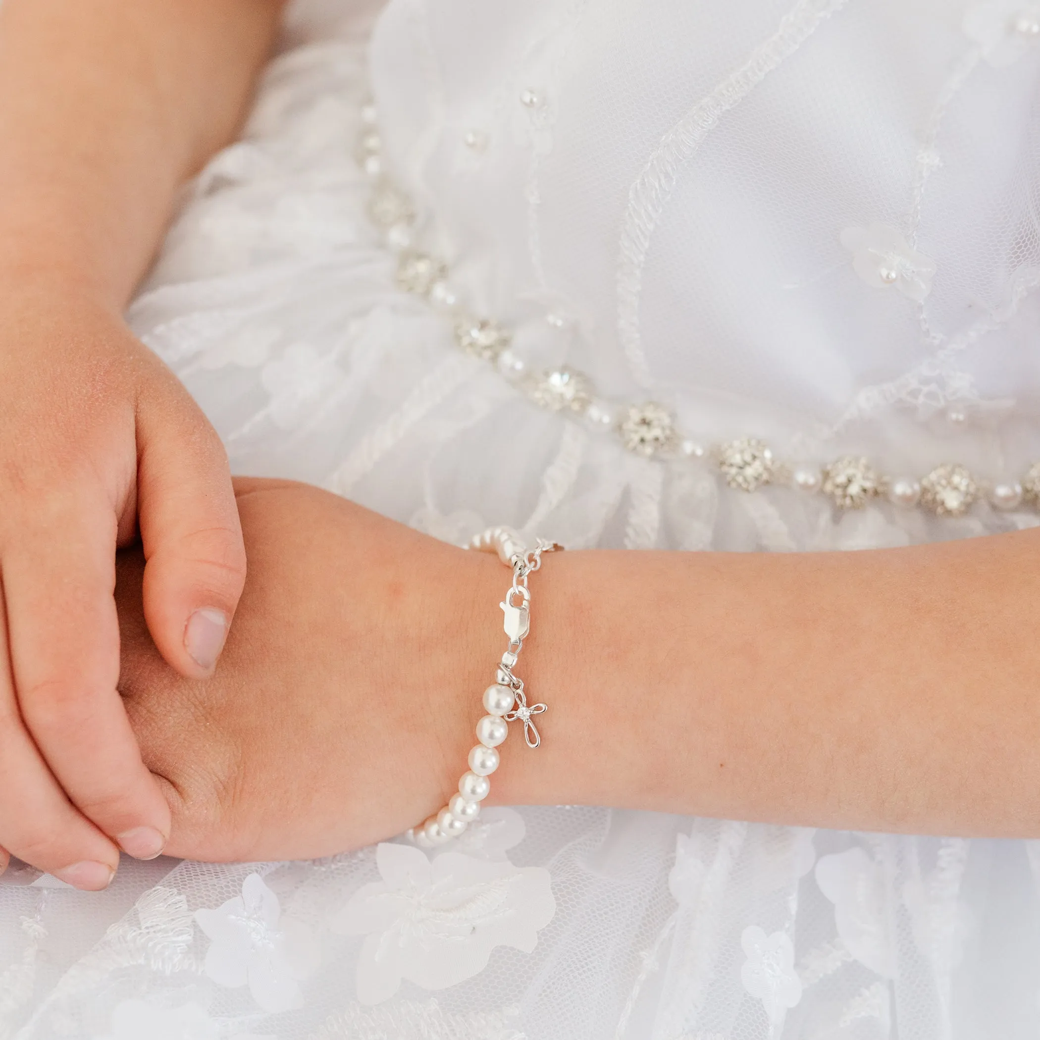 Sterling Silver High-End Austrian Simulated Pearl Cross Bracelet First Communion Gift for Girls