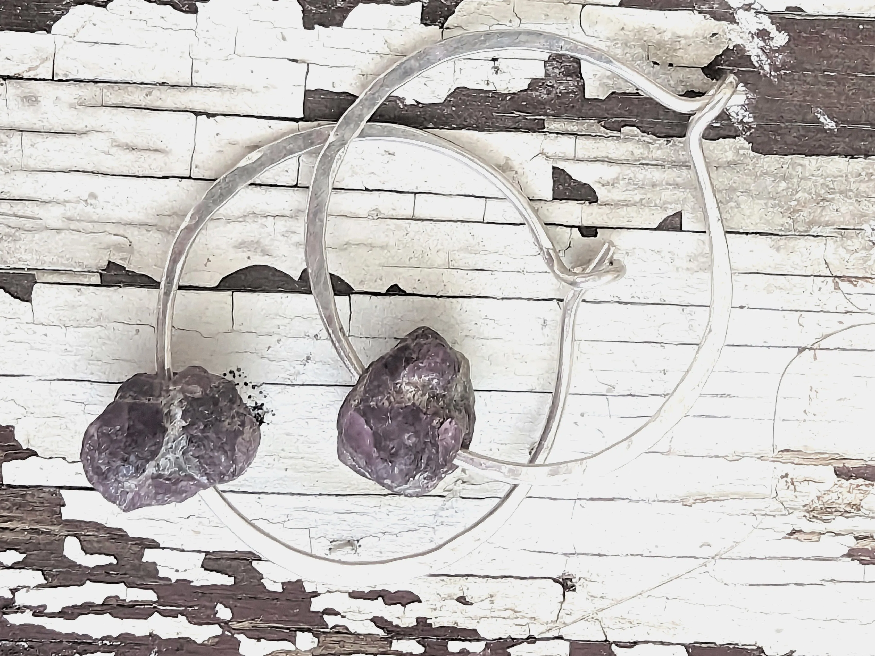 Sterling Silver Hoops with Raw Ruby Nuggets, Artisan Bohemian Gemstone Earrings