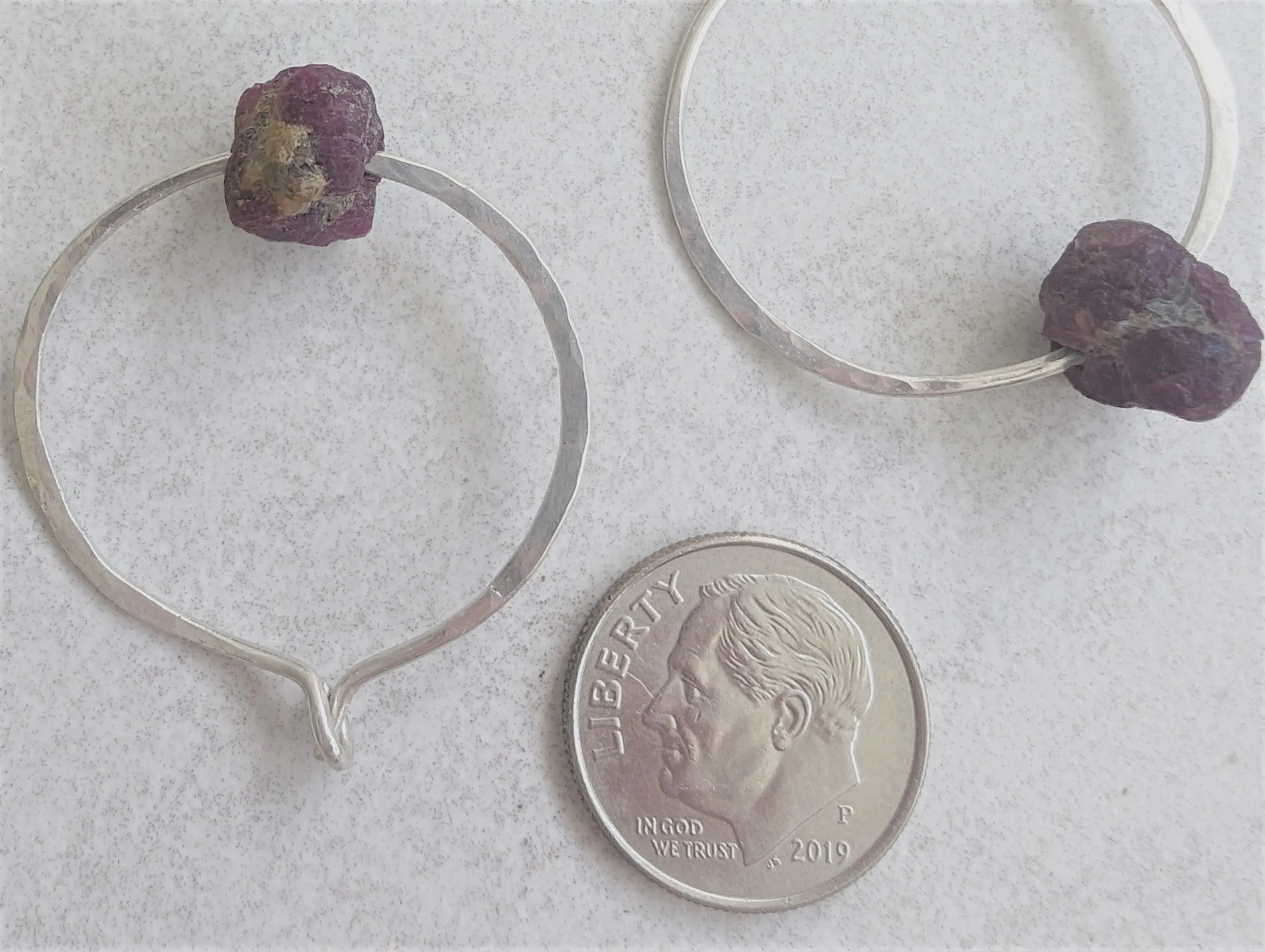 Sterling Silver Hoops with Raw Ruby Nuggets, Artisan Bohemian Gemstone Earrings