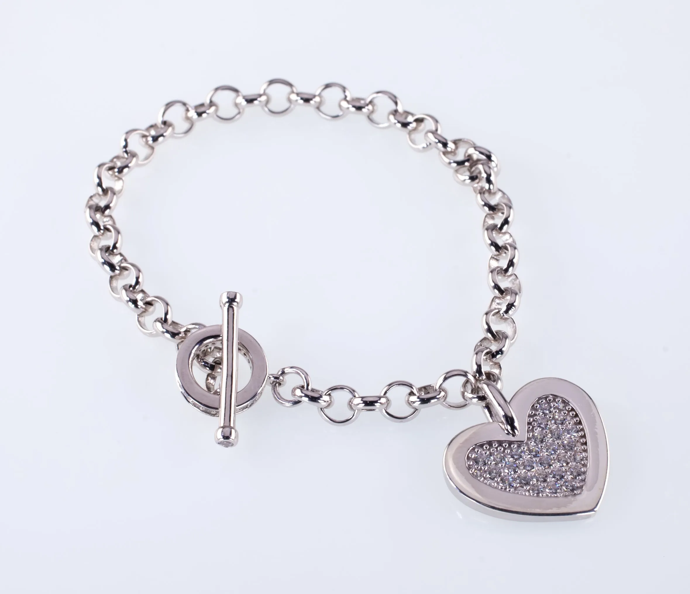 Sterling Silver Large CZ Heart Charm Toggle Bracelet 6.75"