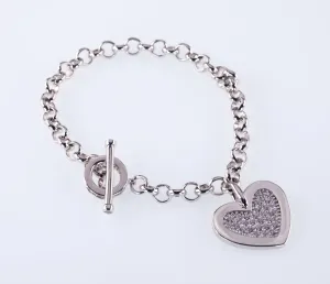 Sterling Silver Large CZ Heart Charm Toggle Bracelet 6.75"