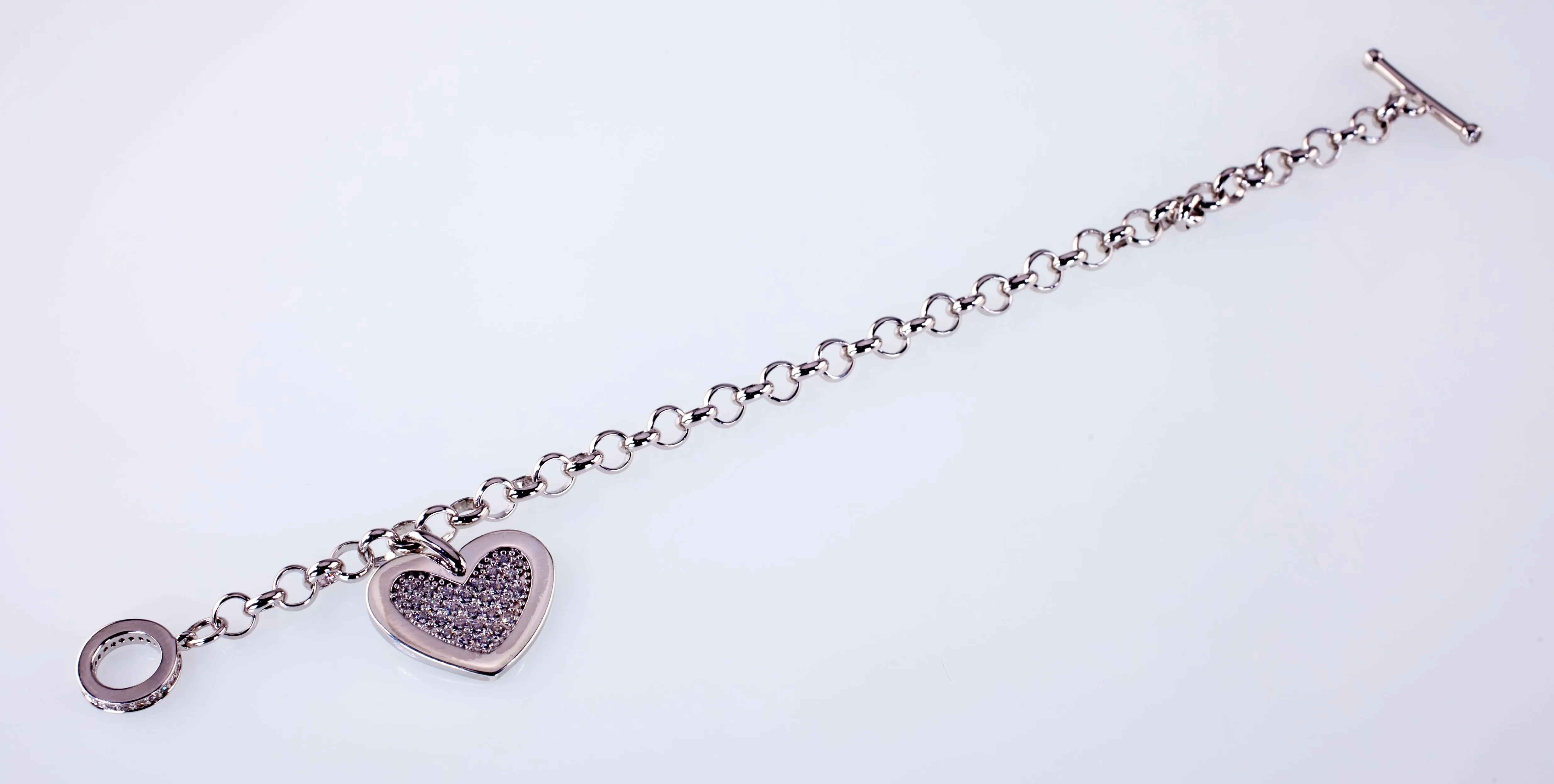 Sterling Silver Large CZ Heart Charm Toggle Bracelet 6.75"