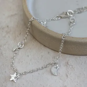 Sterling Silver Moon and Star Charm Bracelet