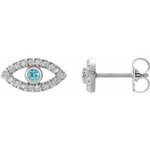 Sterling Silver Natural Blue Zircon & Natural White Sapphire Evil Eye Earrings