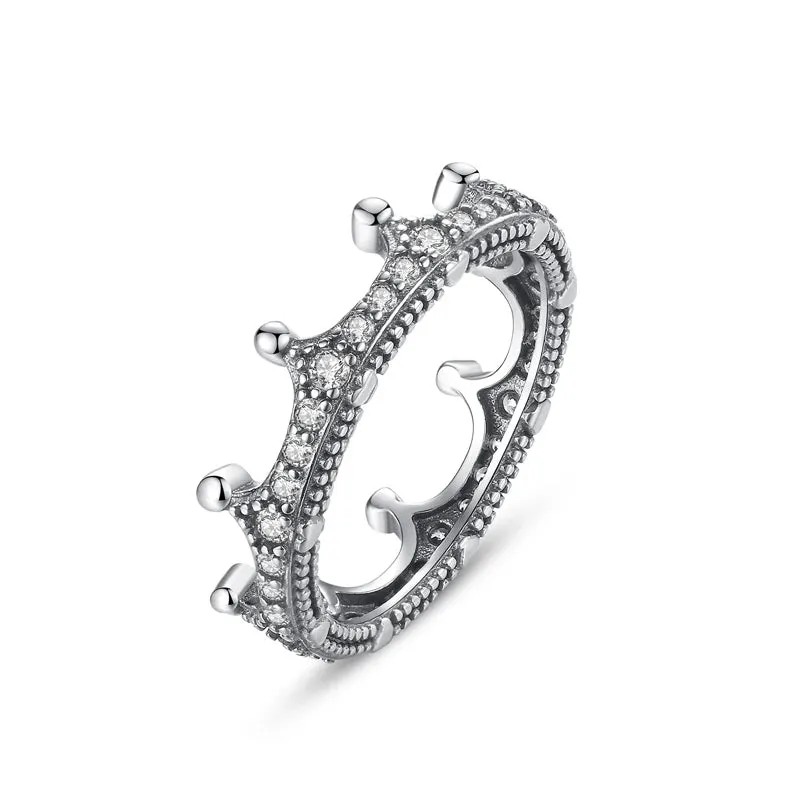 Sterling Silver Ring Love Heart Wishbone Crown Rings Crystal Rose Gold
