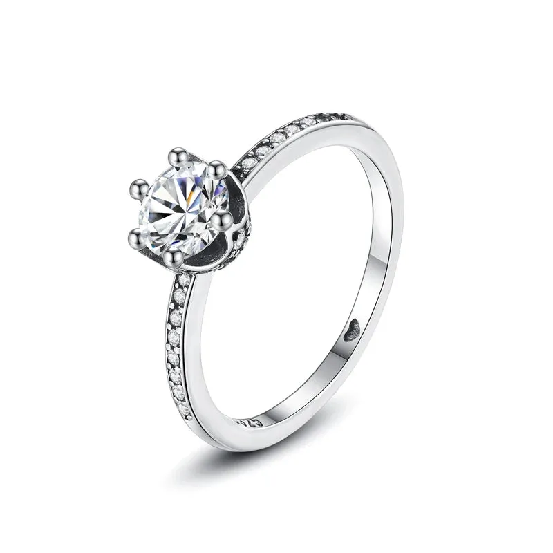 Sterling Silver Ring Love Heart Wishbone Crown Rings Crystal Rose Gold