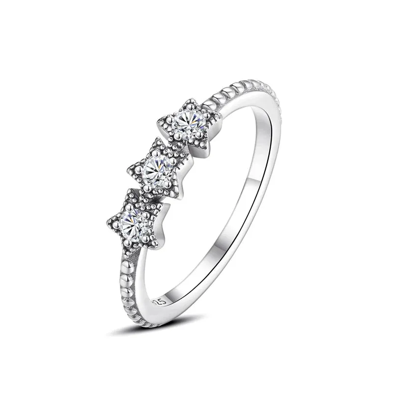 Sterling Silver Ring Love Heart Wishbone Crown Rings Crystal Rose Gold