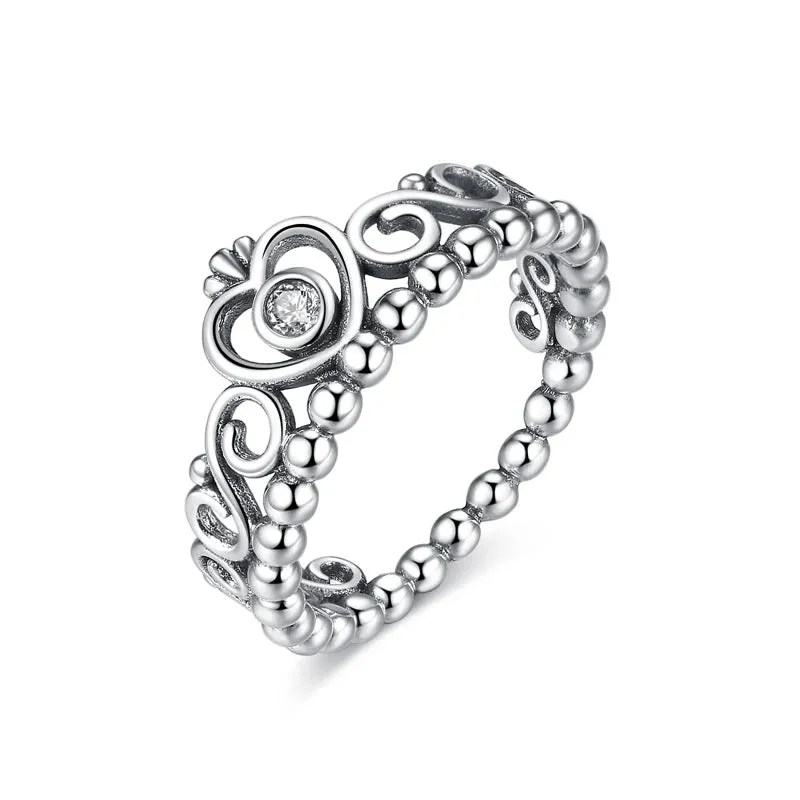 Sterling Silver Ring Love Heart Wishbone Crown Rings Crystal Rose Gold