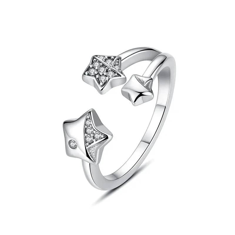Sterling Silver Ring Love Heart Wishbone Crown Rings Crystal Rose Gold