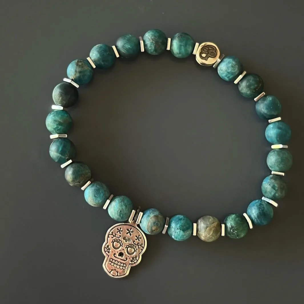 Sterling Silver Sugar Skull African Turquoise Beaded Bracelet