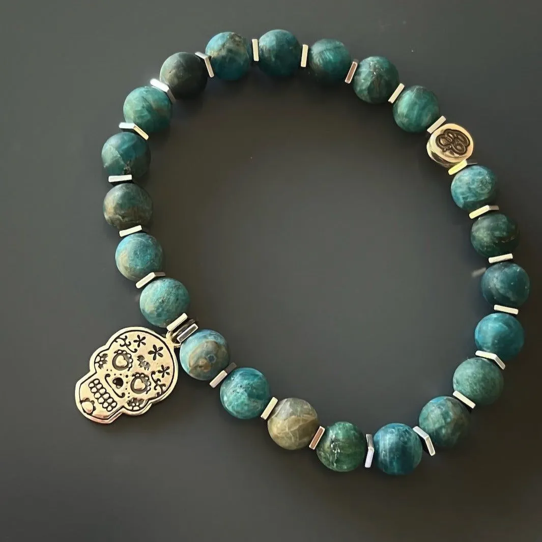 Sterling Silver Sugar Skull African Turquoise Beaded Bracelet