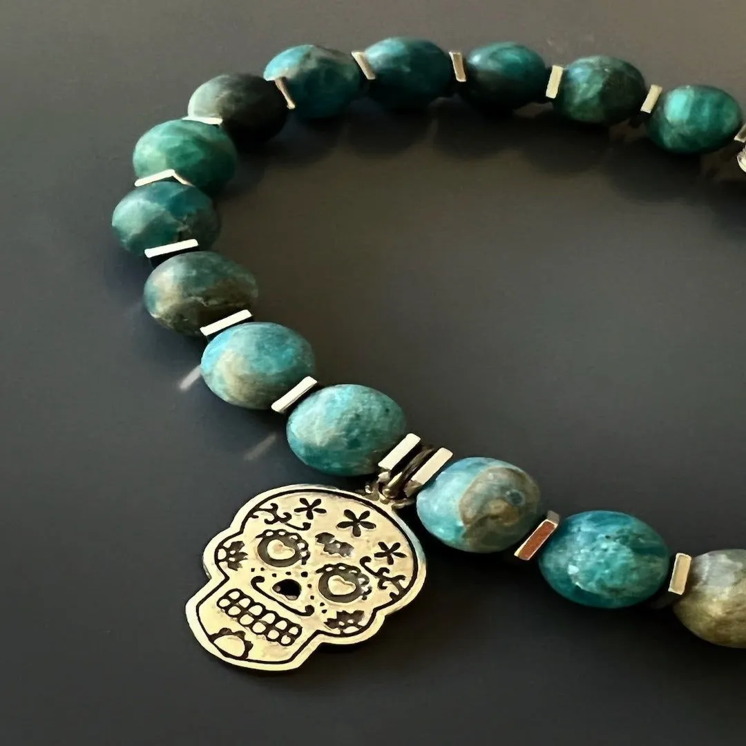 Sterling Silver Sugar Skull African Turquoise Beaded Bracelet