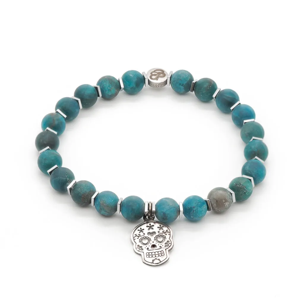 Sterling Silver Sugar Skull African Turquoise Beaded Bracelet