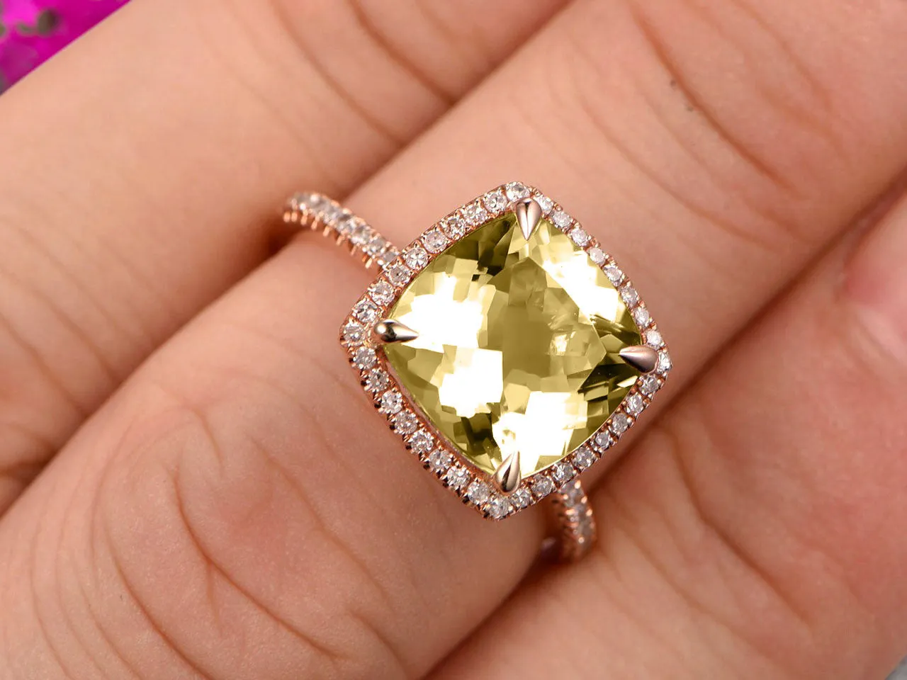 Surprisingly Champagne Diamond Moissanite Engagement Ring 1.75 Carat Cushion Cut Halo Design 10k Rose Gold Anniversary Ring