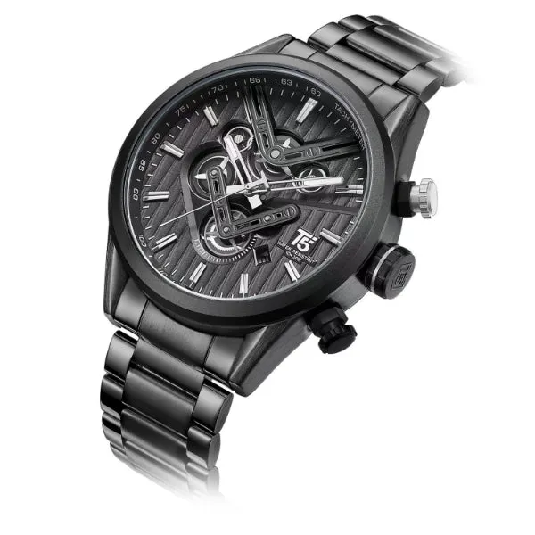 T5 Black Stainless Steel Black Dial Chronograph Quartz Watch for Gents - H3628G-D