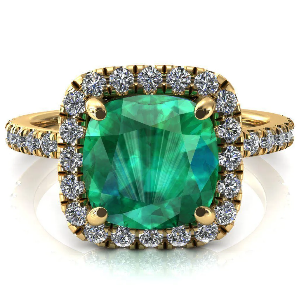 Talia Cushion Emerald 4 Prong Halo 5/8 Micropave Engagement Ring