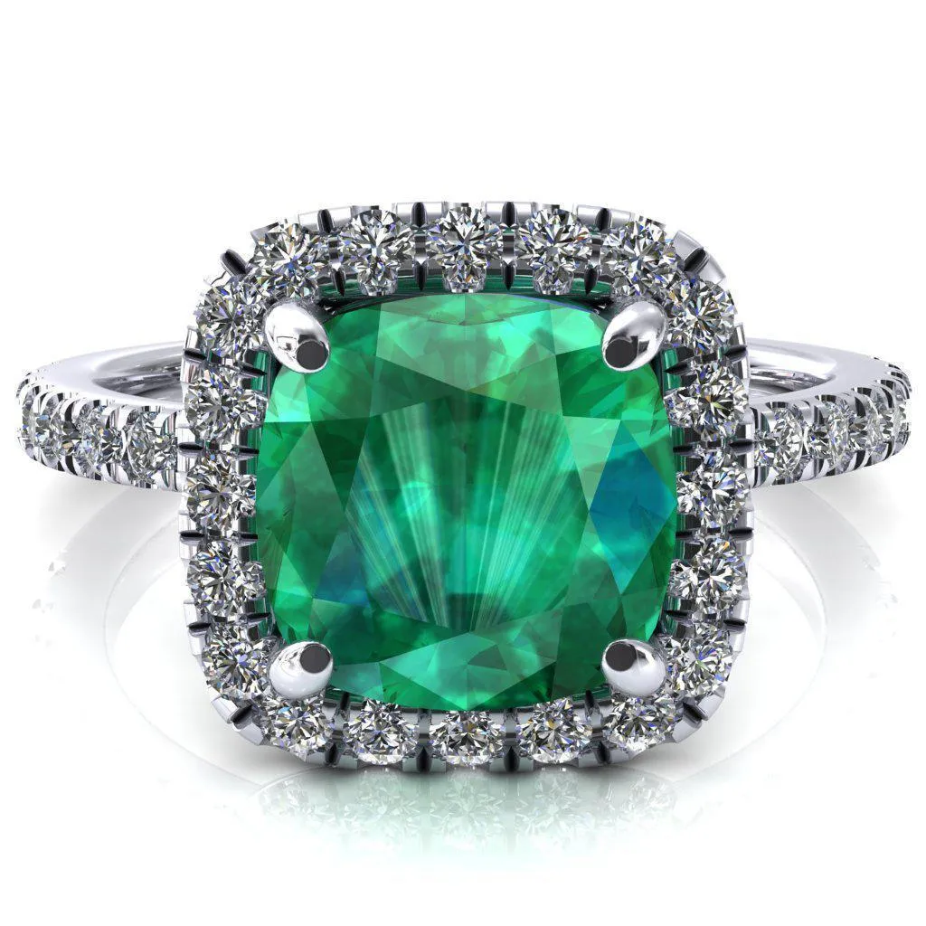 Talia Cushion Emerald 4 Prong Halo 5/8 Micropave Engagement Ring