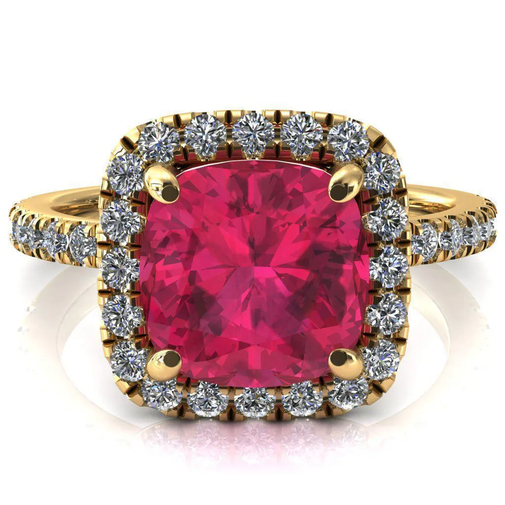 Talia Cushion Ruby 4 Prong Halo 5/8 Micropave Engagement Ring
