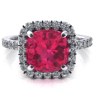 Talia Cushion Ruby 4 Prong Halo 5/8 Micropave Engagement Ring