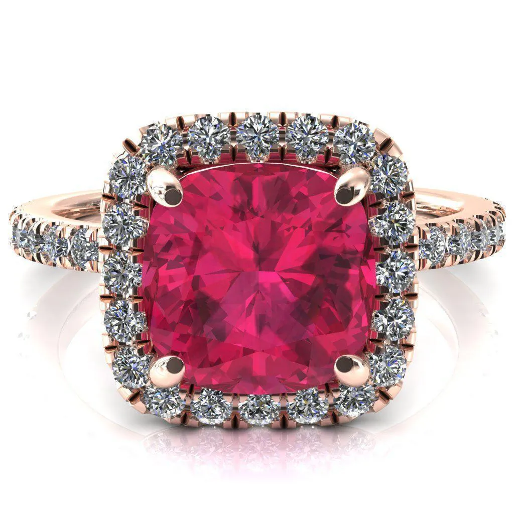 Talia Cushion Ruby 4 Prong Halo 5/8 Micropave Engagement Ring