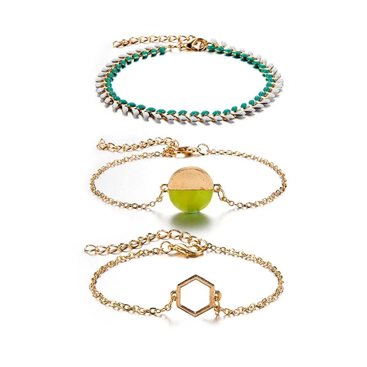 Teal Enamel & Resin 18K Gold-Plated Adjustable Charm Bracelet Set