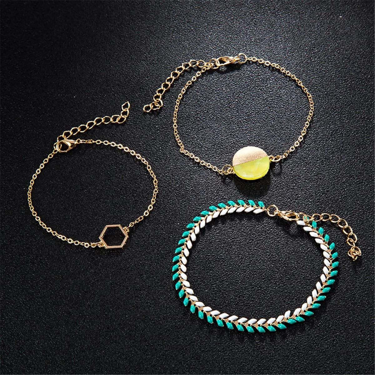 Teal Enamel & Resin 18K Gold-Plated Adjustable Charm Bracelet Set