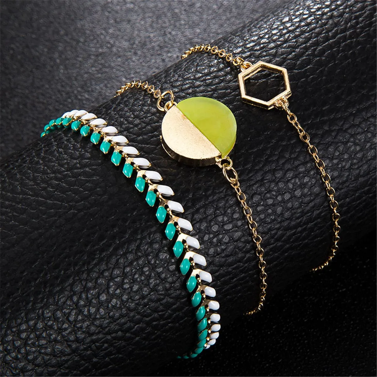 Teal Enamel & Resin 18K Gold-Plated Adjustable Charm Bracelet Set