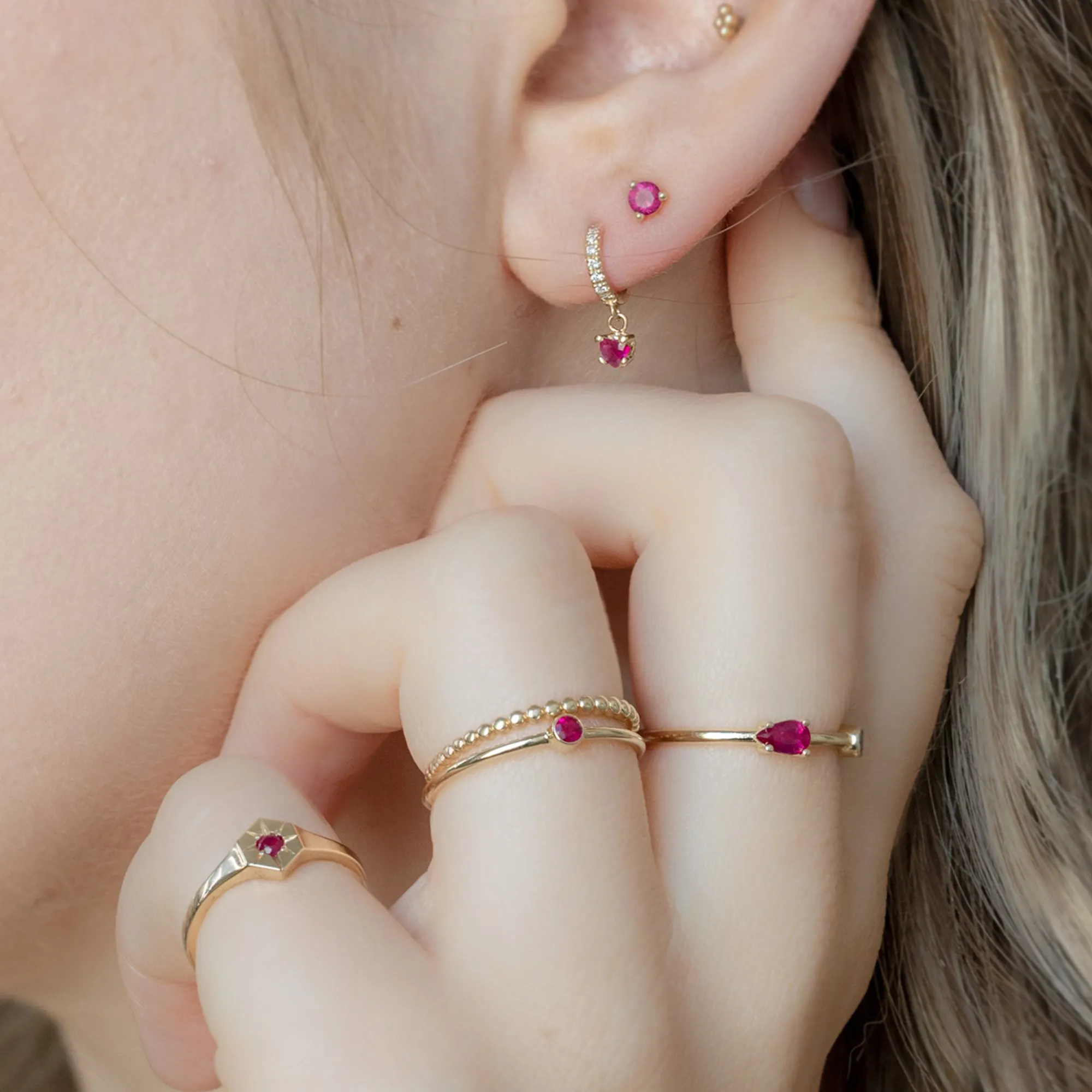 The Ruby Heart   Diamond Huggie Studs | 14K Yellow Gold