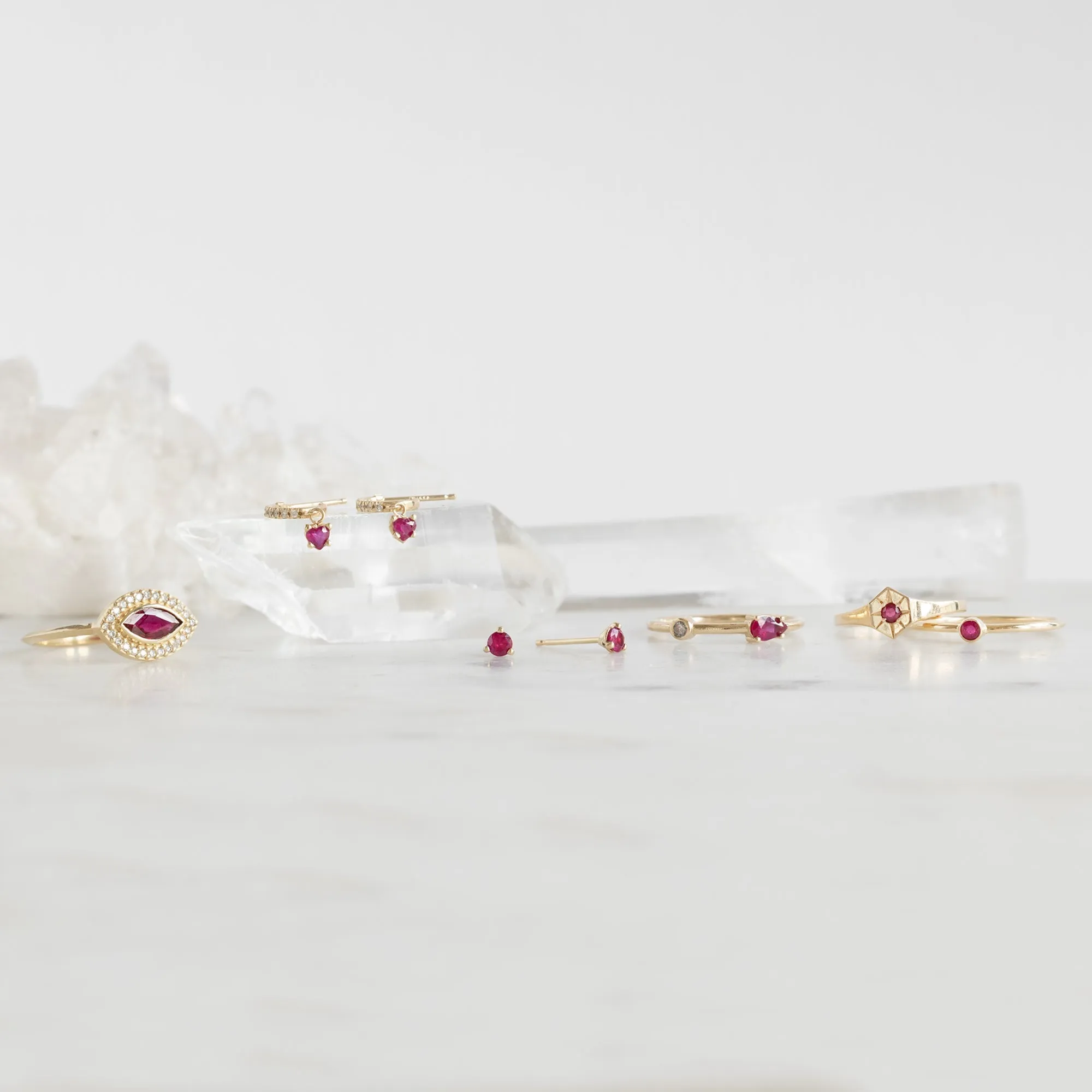 The Ruby Heart   Diamond Huggie Studs | 14K Yellow Gold